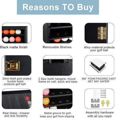 Golf Ball Display Case - Wall Mounted Holder with Glass Door, Ideal Gift for Golf Enthusiasts